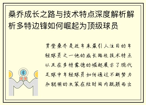 桑乔成长之路与技术特点深度解析解析多特边锋如何崛起为顶级球员